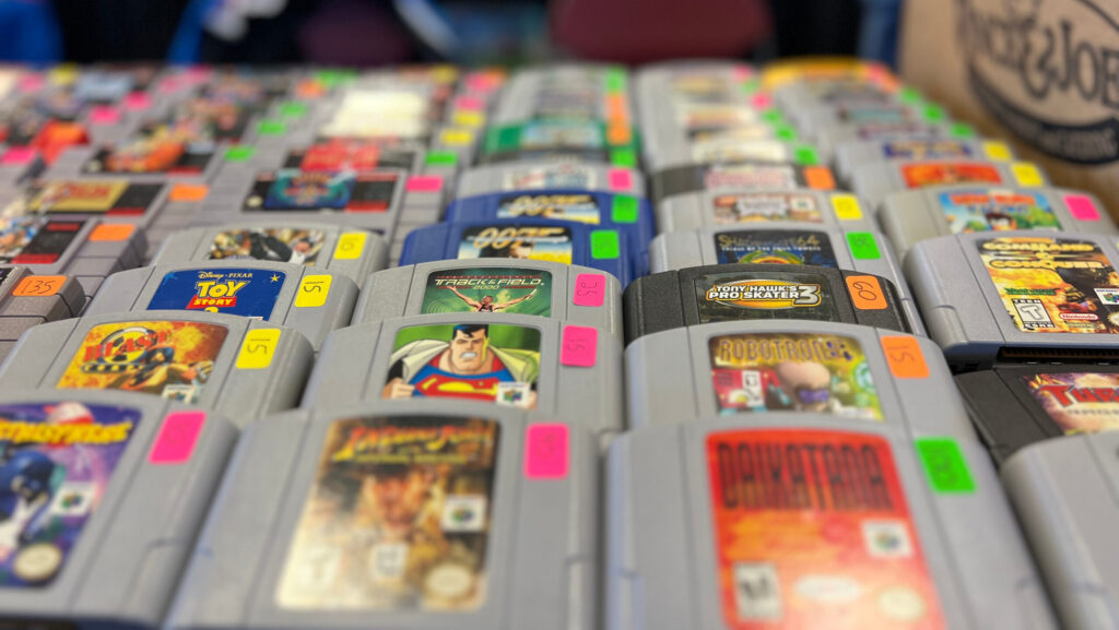 Nintendo 64 cartridges displayed on a table.