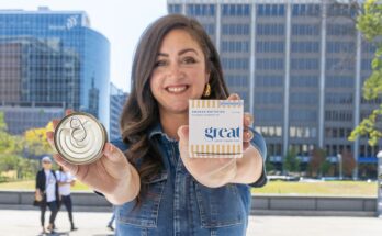 Great Lakes Tinned Fish founder Marissa Fellows poses in downtown Grand Rapids, Michigan.